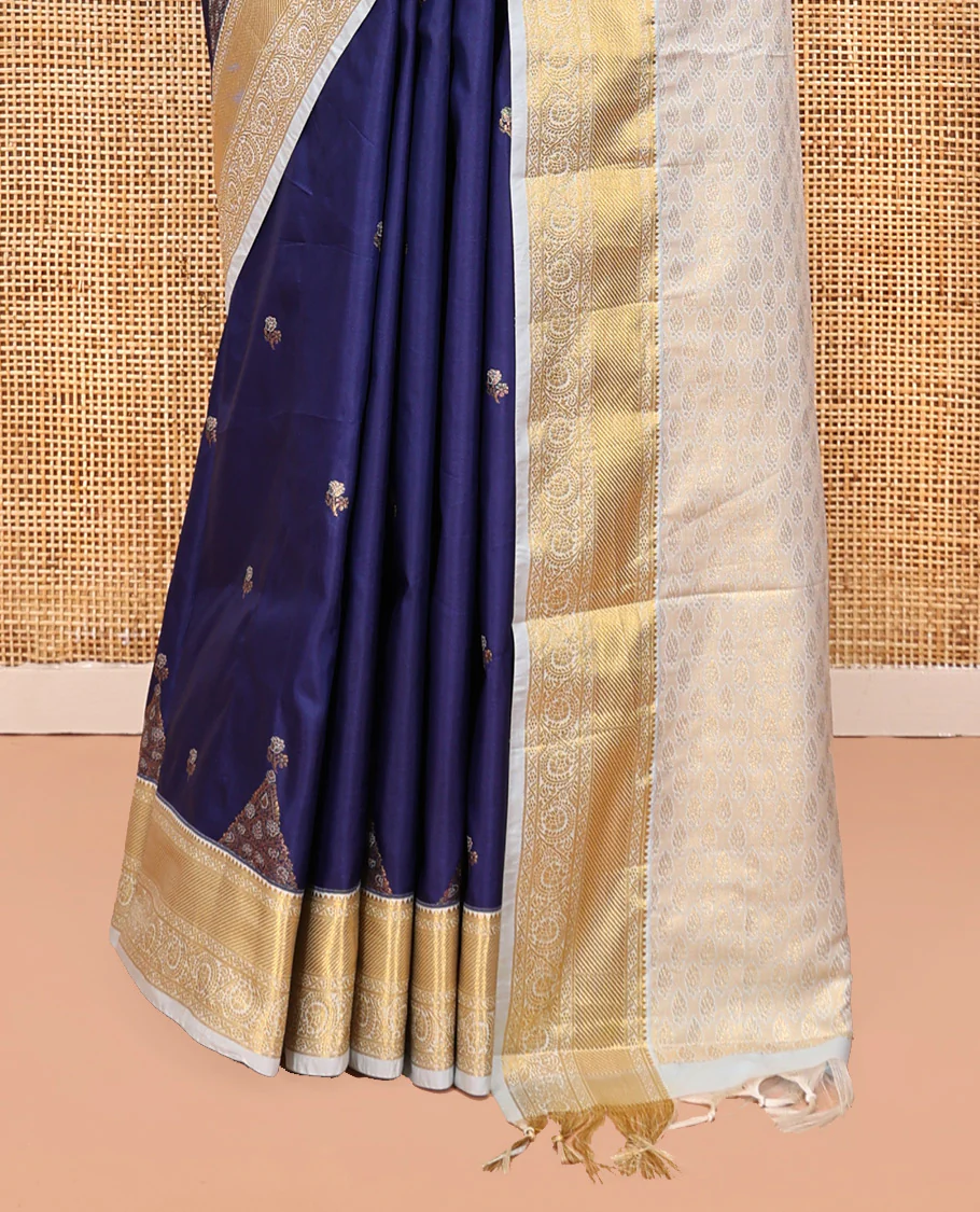 Dark Blue-Sky Blue Budget Silk Saree, Embellished with Floral Buttas, Contrast Traditional Border, Grand Pallu, and Contrast Blouse - Image 8