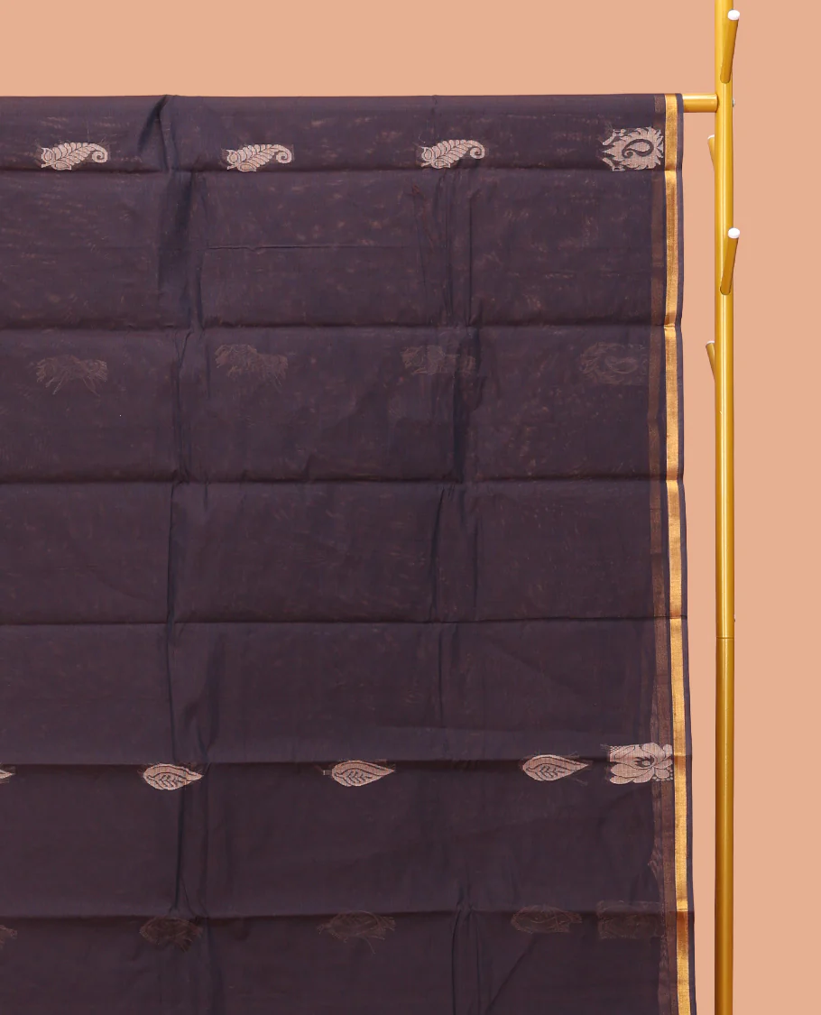 Dark Brown Kanchi Cotton Saree, Adorned with Buttas, a Subtle Piping Border, Intricate Pallu, and a Matching Blouse - Image 2