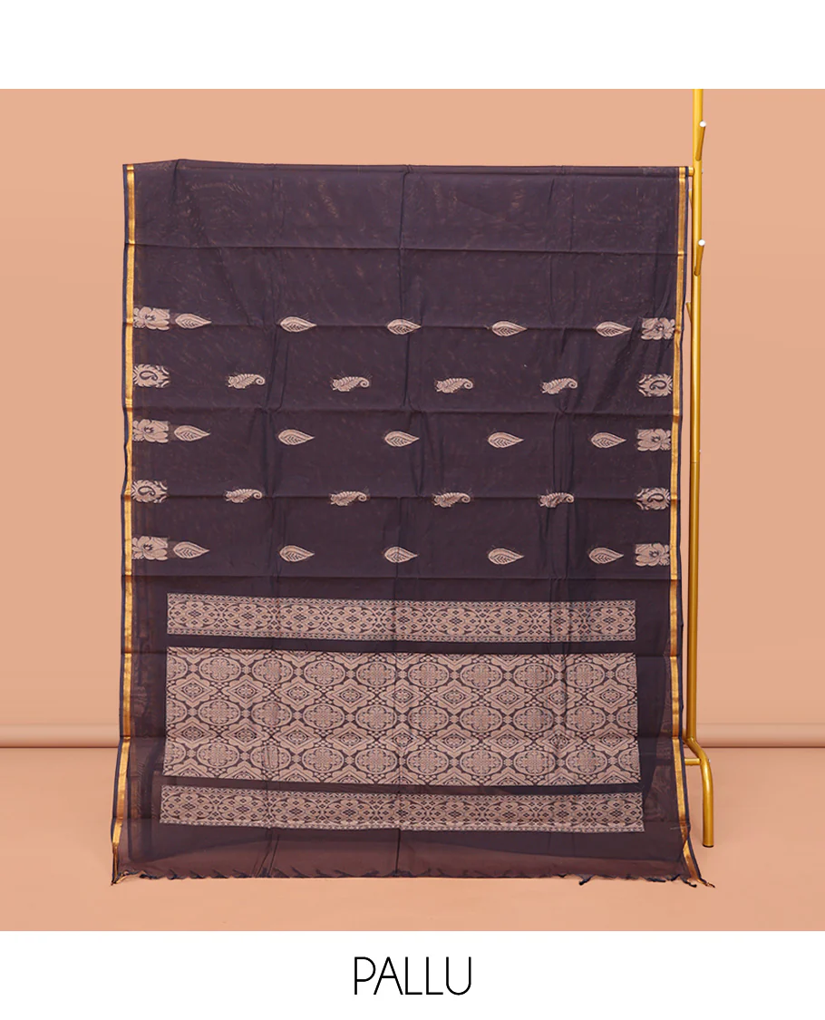 Dark Brown Kanchi Cotton Saree, Adorned with Buttas, a Subtle Piping Border, Intricate Pallu, and a Matching Blouse - Image 3