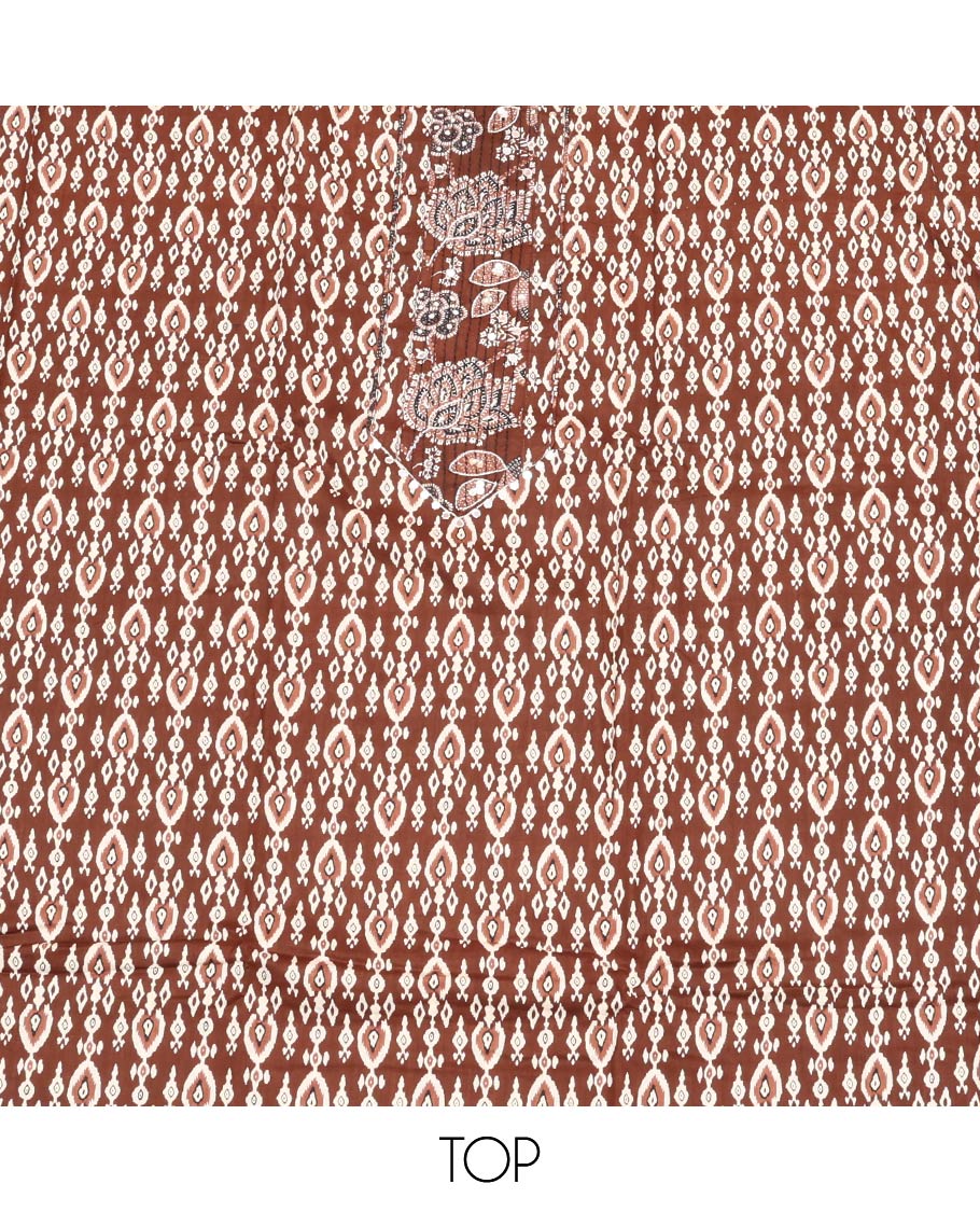 Dark Brown Material Chudidar Set, Adorned with Intricate Designs and Thread Work Cotton Top, a Floral Printed Cotton Bottom, and Paired with an Intricately Printed Cotton Dupatta - Image 2