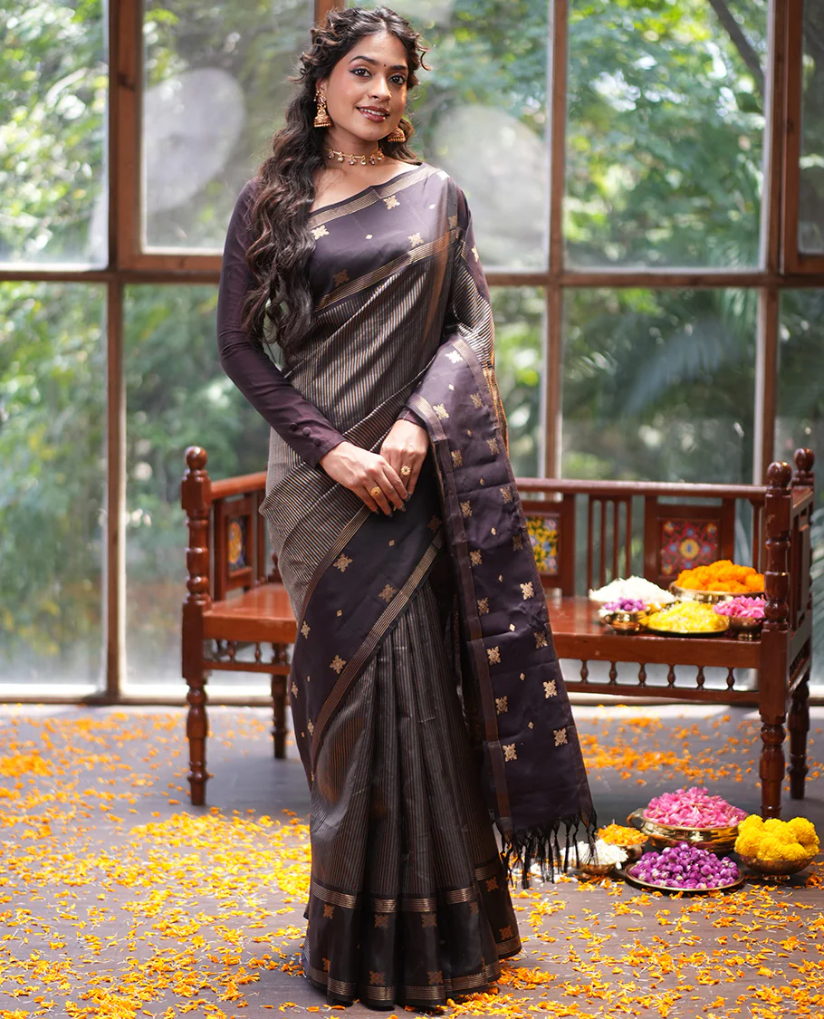 Dark Brown Vasundhara Silk Saree, Elevated with Zari Stripes, Highlighted by a Unique Zari Design Border, Jaal Pallu, and a Matching Blouse