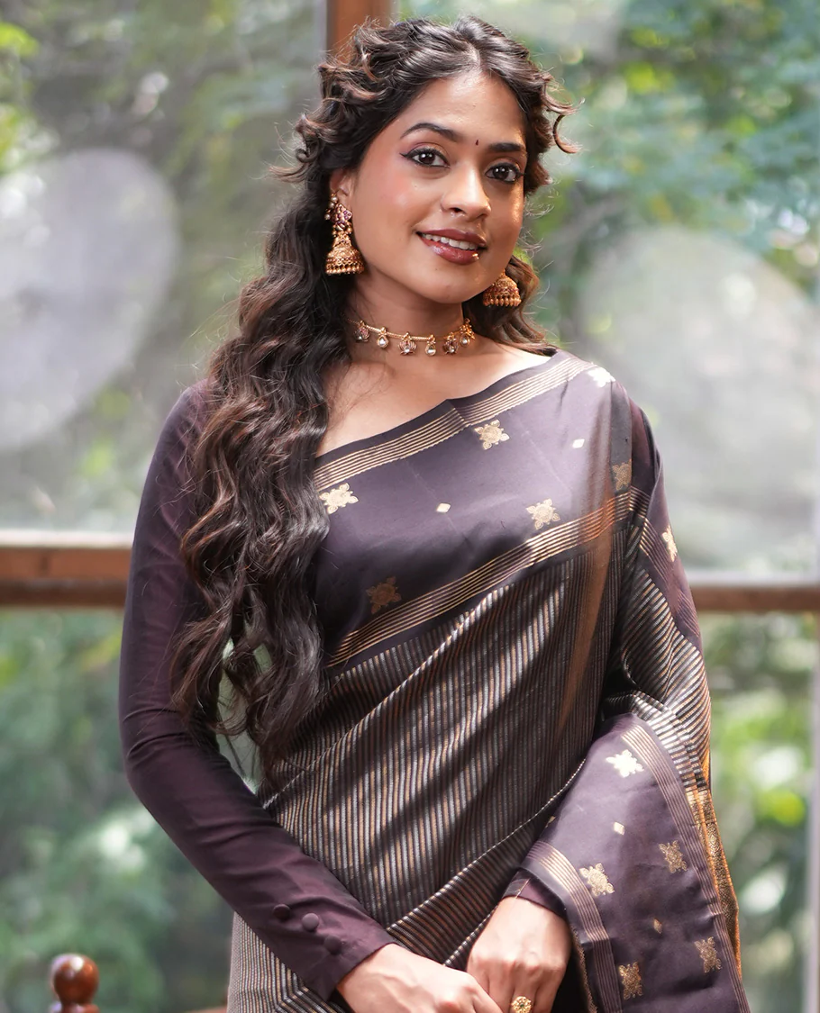 Dark Brown Vasundhara Silk Saree, Elevated with Zari Stripes, Highlighted by a Unique Zari Design Border, Jaal Pallu, and a Matching Blouse - Image 3