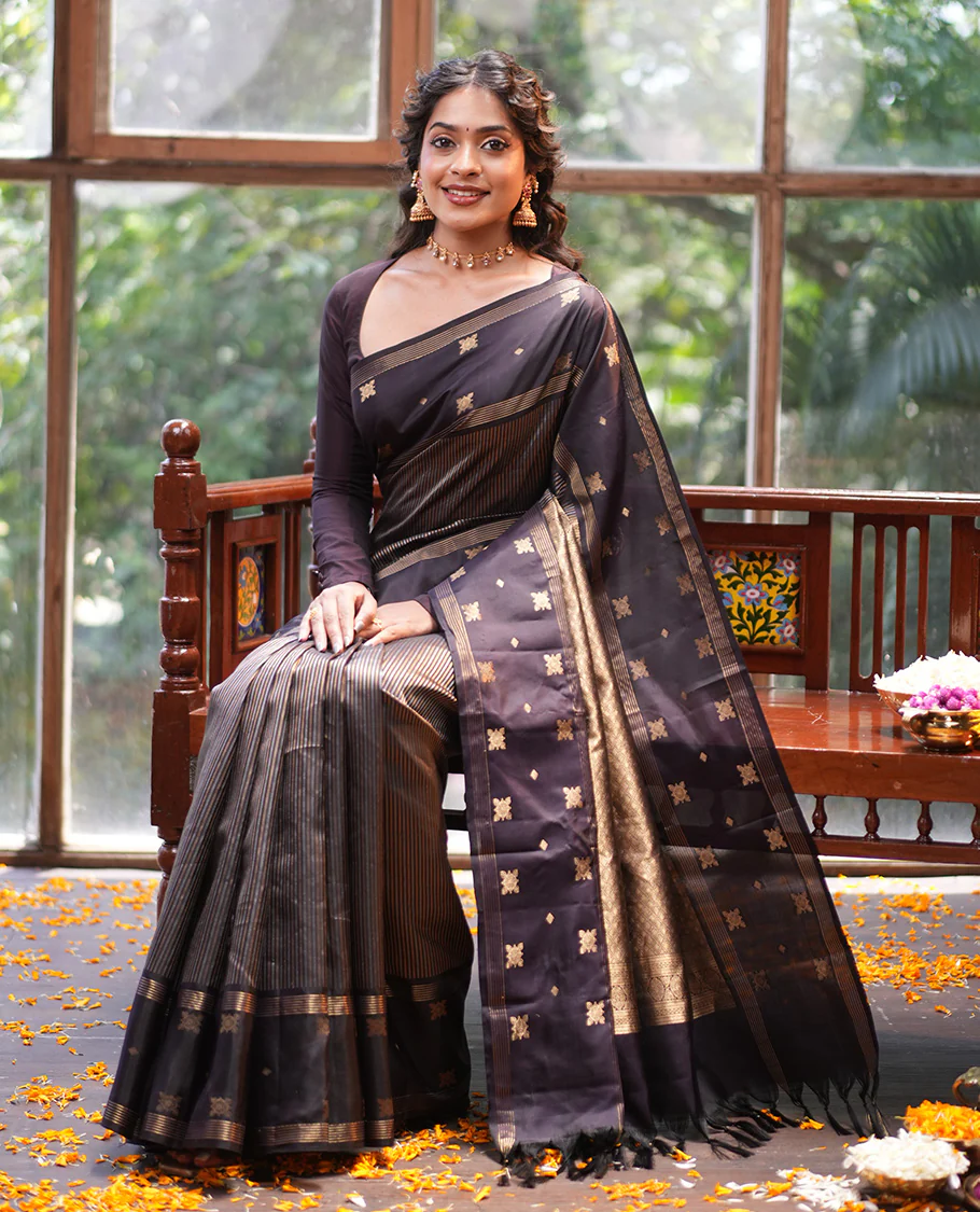 Dark Brown Vasundhara Silk Saree, Elevated with Zari Stripes, Highlighted by a Unique Zari Design Border, Jaal Pallu, and a Matching Blouse - Image 4