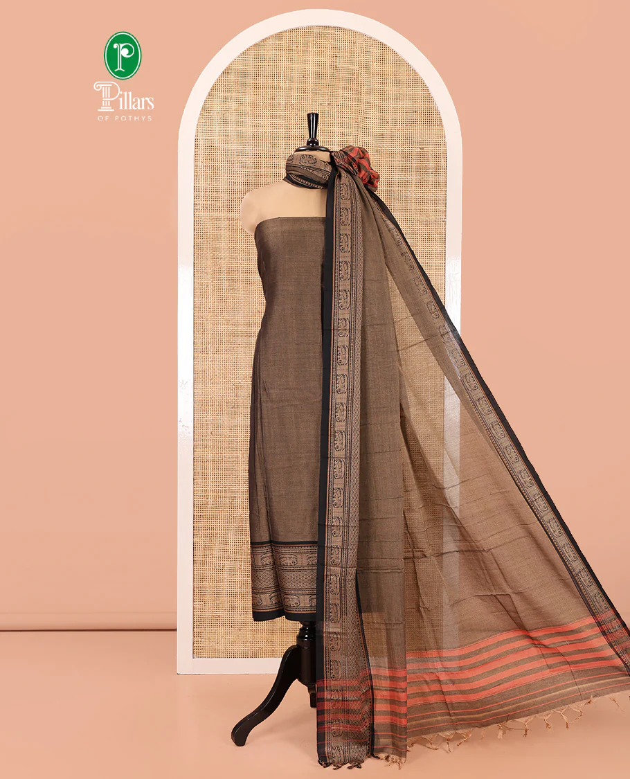 Dark Chikku Mercerised Cotton Material Chudidar Set, Plain with Traditional Motifs Woven Thread Bordered Top, a Plain Bottom, and Paired with a Matching Dupatta