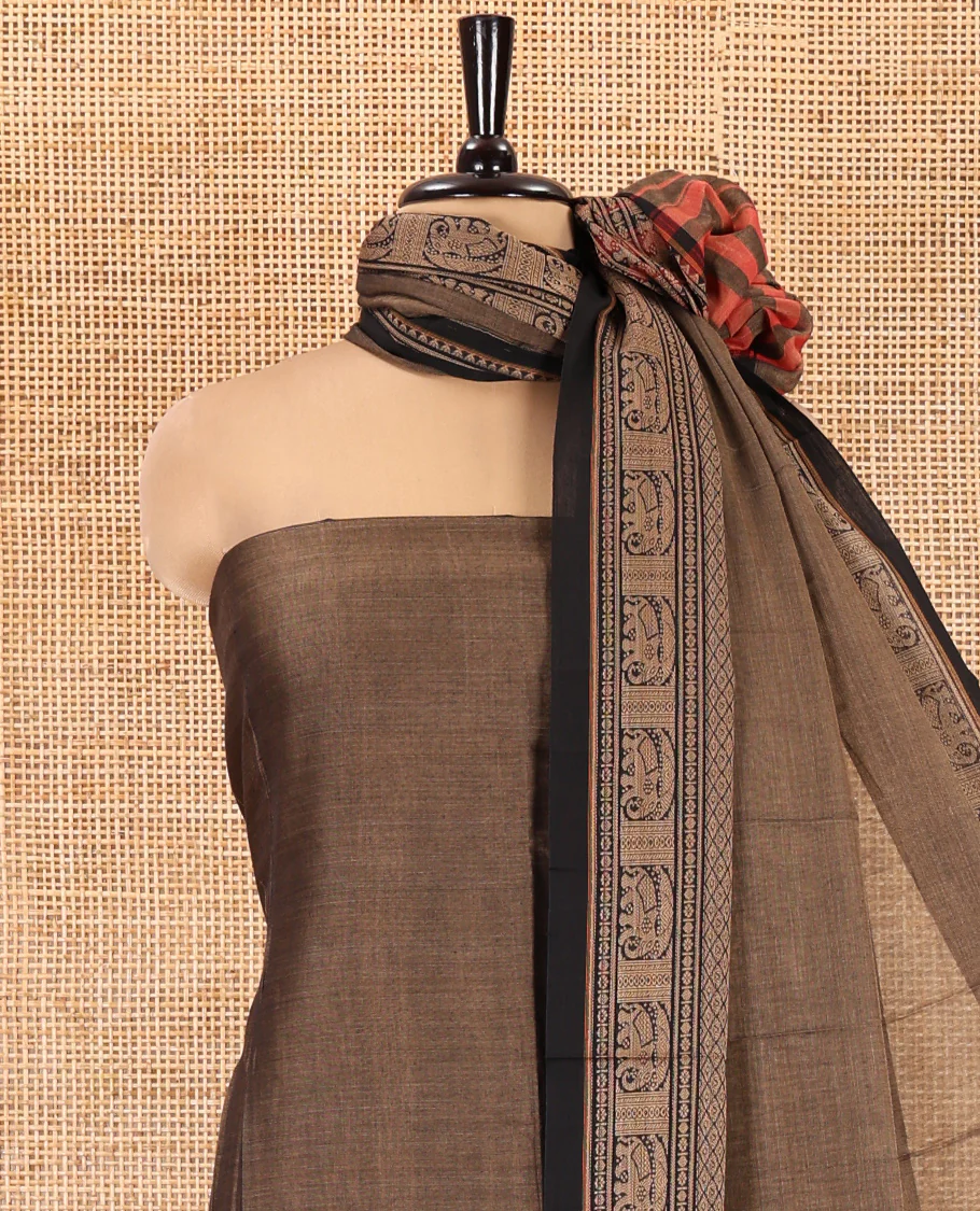 Dark Chikku Mercerised Cotton Material Chudidar Set, Plain with Traditional Motifs Woven Thread Bordered Top, a Plain Bottom, and Paired with a Matching Dupatta - Image 3
