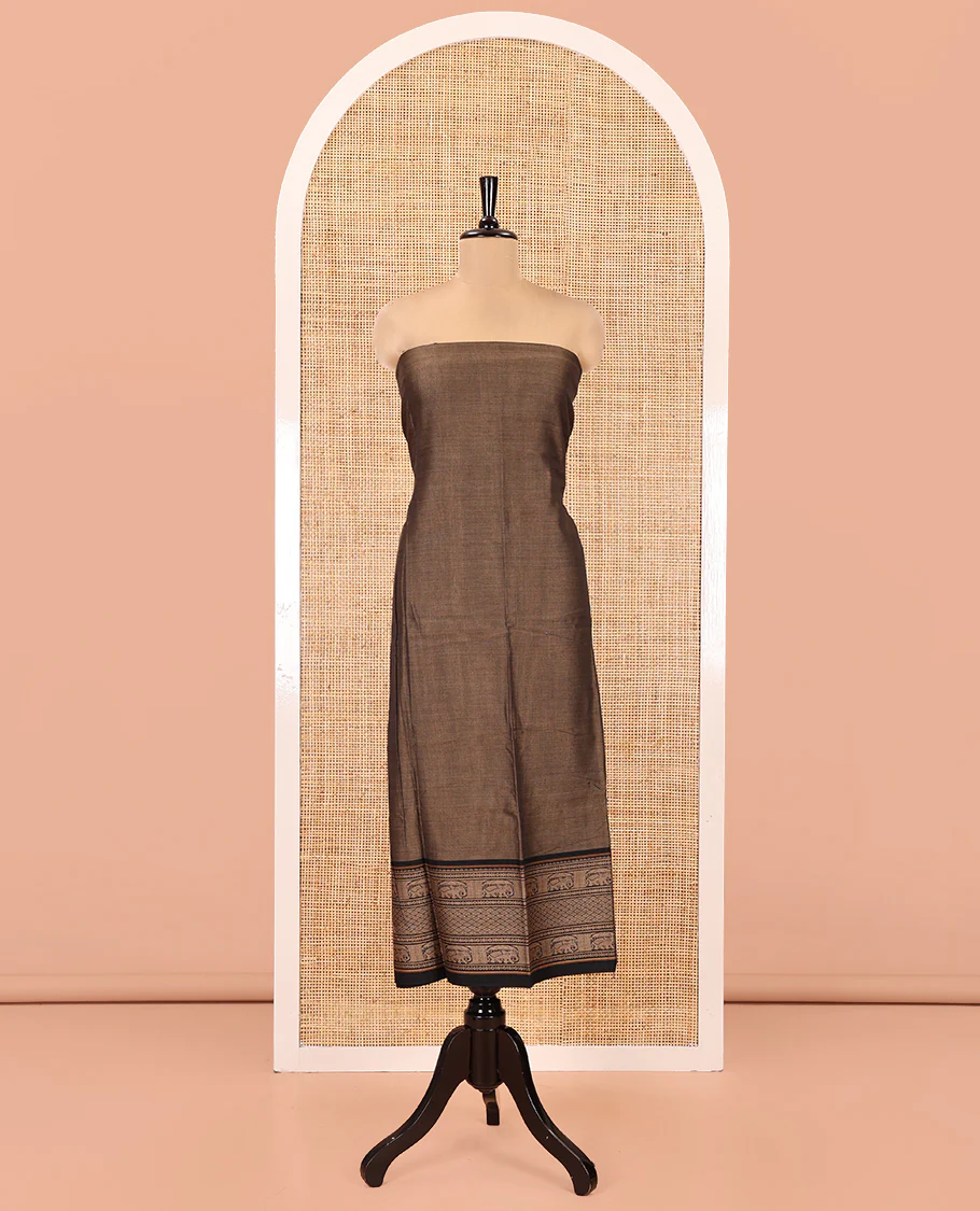 Dark Chikku Mercerised Cotton Material Chudidar Set, Plain with Traditional Motifs Woven Thread Bordered Top, a Plain Bottom, and Paired with a Matching Dupatta - Image 4