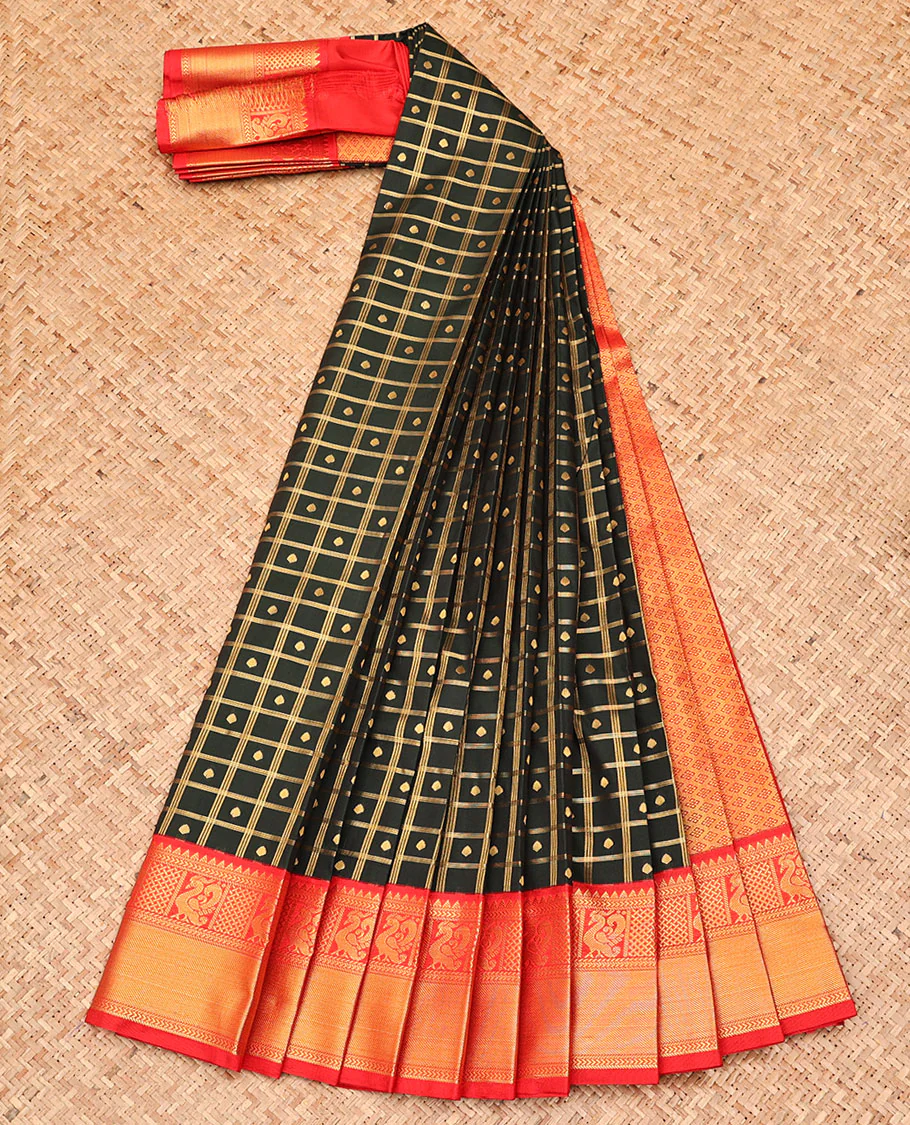 Dark Green Budget Silk Saree, Accentuated with Zari Butta Enclosed Checked Design All Over Its Body, Complemented by a Contrast Traditional Zari Design Border, Pallu of Jaal Design, and Paired with a Contrast Blouse - Image 2