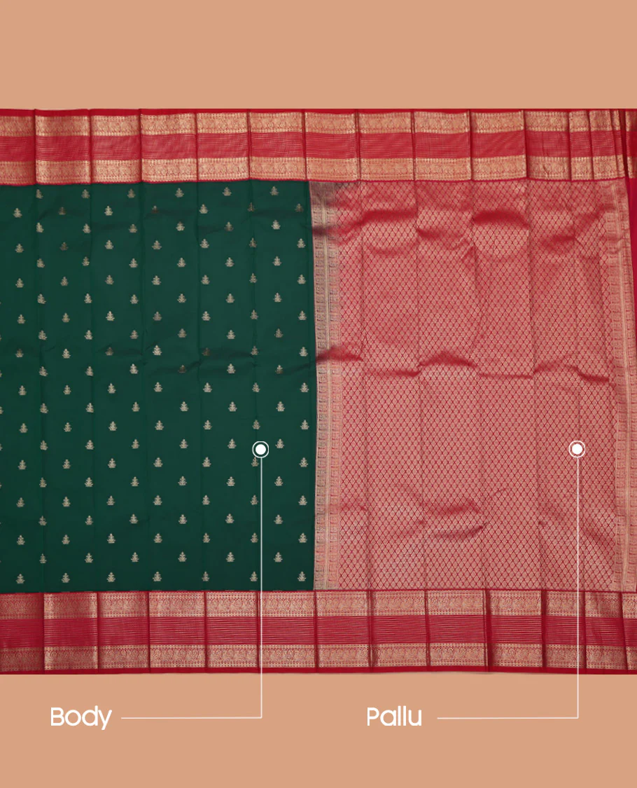 Dark Green Budget Silk Saree, Featuring Zari Buttas All Over Its Body, Complemented by a Contrast Traditional Zari Design Border, Grand Jaal Pallu, and Paired with a Contrast Blouse - Image 3