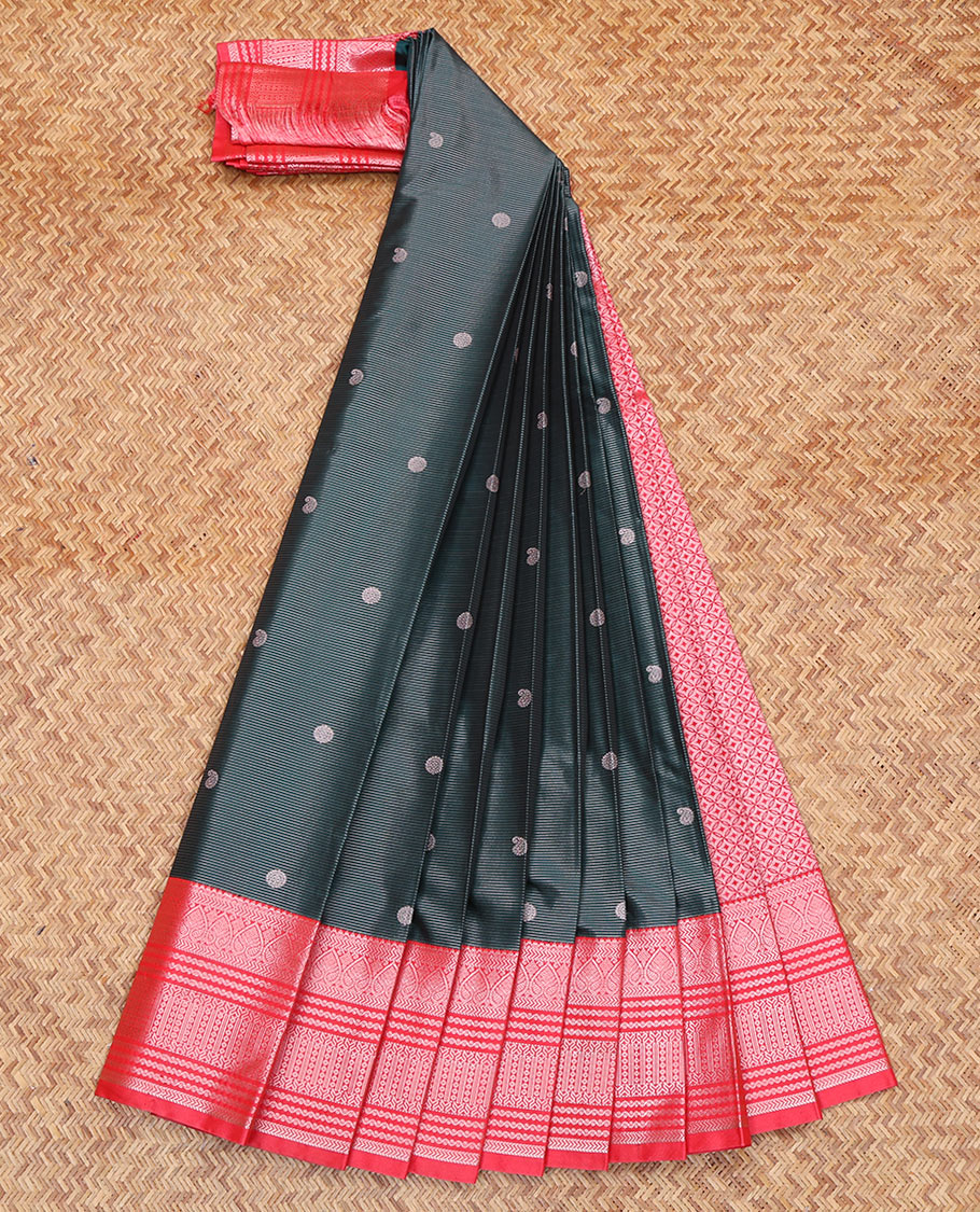 Dark Green Budget Silk Saree, Featuring Zari Buttas and Stripes All Over Its Body, Complemented by a Contrast Traditional Zari Design Border, Grand Jaal Pallu, and Paired with a Contrast Blouse - Image 2