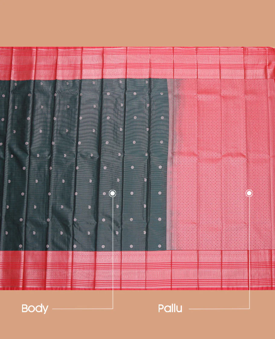 Dark Green Budget Silk Saree, Featuring Zari Buttas and Stripes All Over Its Body, Complemented by a Contrast Traditional Zari Design Border, Grand Jaal Pallu, and Paired with a Contrast Blouse - Image 3