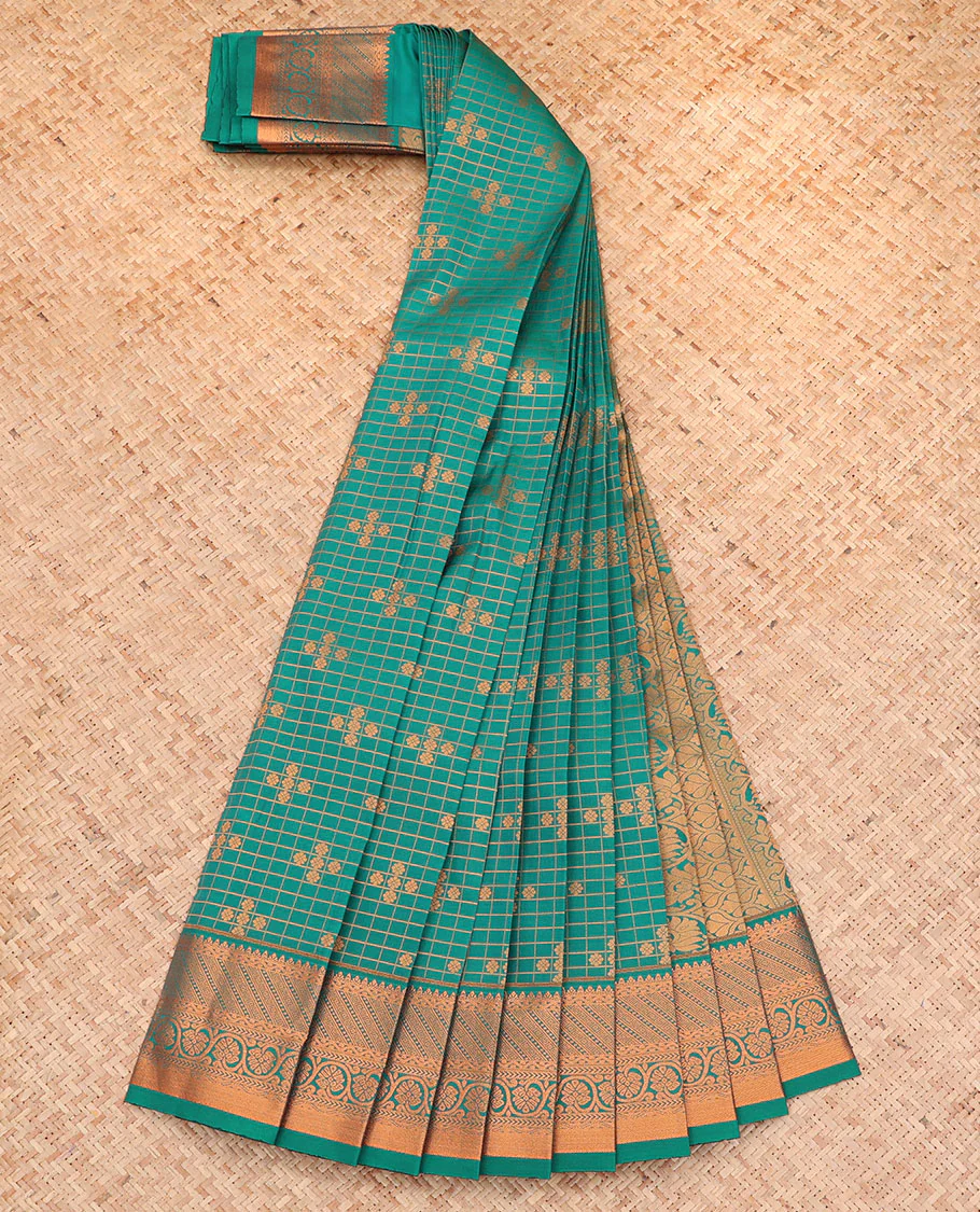 Dark Green Budget Silk Saree, Graced with Zari Buttas and Checks All Over Its Body, Highlighted by a Traditional Zari Design Border, Grand Pallu, and Paired with a Matching Blouse - Image 2
