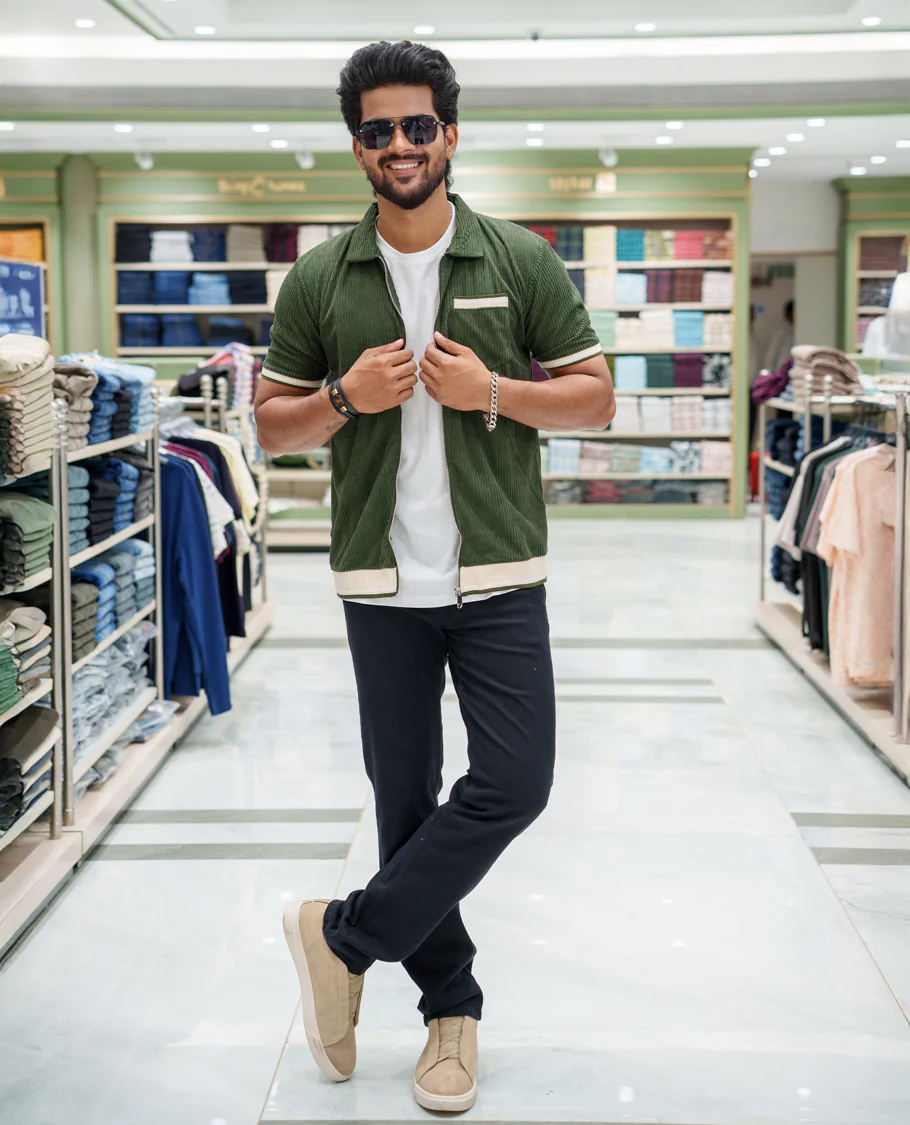 Dark Green Corduroy Jacket, Featuring Sparse Stripes, a Polo Collar, Half Sleeves, Regular Fit, and Regular Length - Image 2