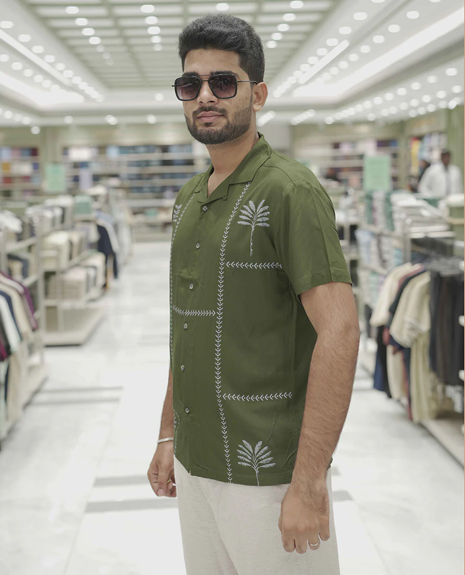 Dark Green Cotton-Blended Casual Shirt, Subtle Sparkled with Contemporary Prints, Comes with a Cuban Collar, Half-Sleeves, Regular Fit, and Regular Length - Image 3