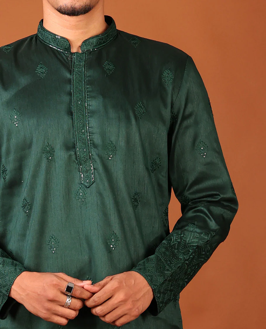 Dark Green Intricate Motifs Sequins-Thread Embroidered Full-Sleeved Men's Kurta - Image 3
