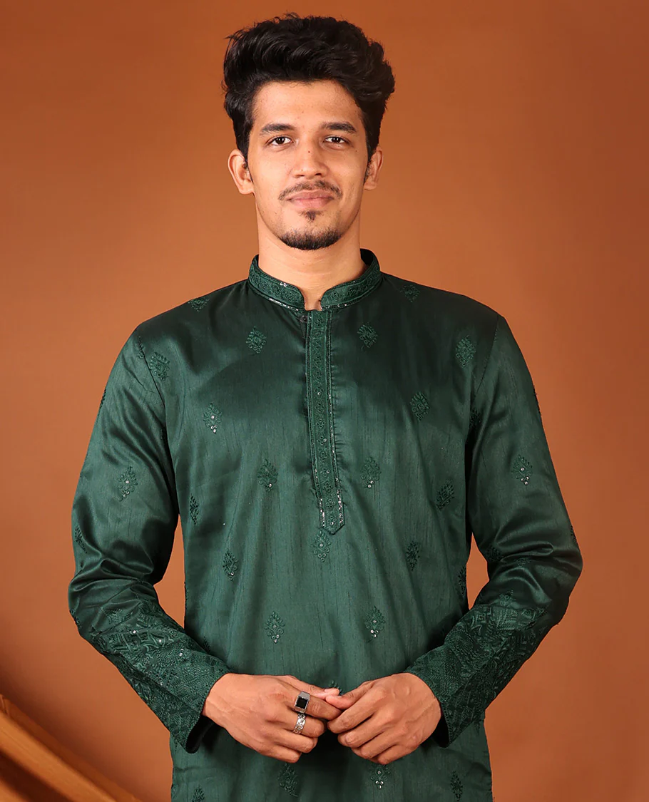 Dark Green Intricate Motifs Sequins-Thread Embroidered Full-Sleeved Men's Kurta - Image 4