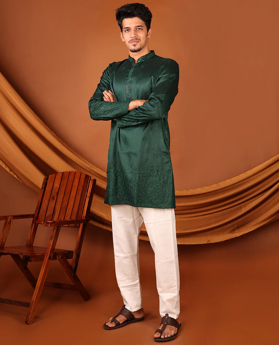 Dark Green Intricate Motifs Sequins-Thread Embroidered Full-Sleeved Men's Kurta - Image 5