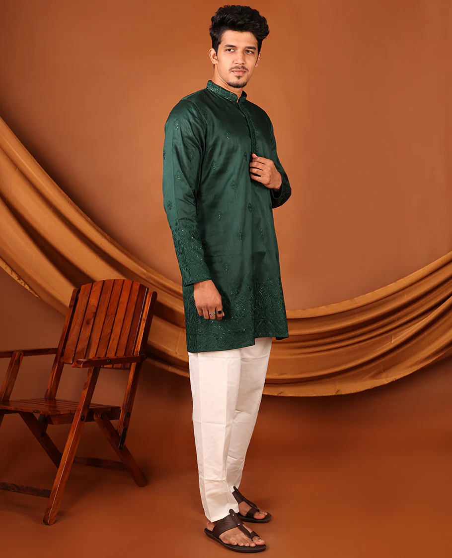 Dark Green Intricate Motifs Sequins-Thread Embroidered Full-Sleeved Men's Kurta - Image 6