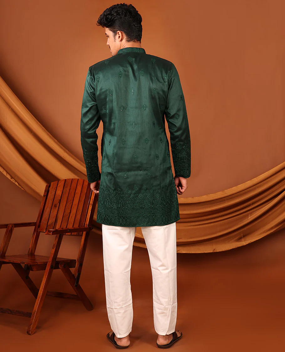 Dark Green Intricate Motifs Sequins-Thread Embroidered Full-Sleeved Men's Kurta - Image 7