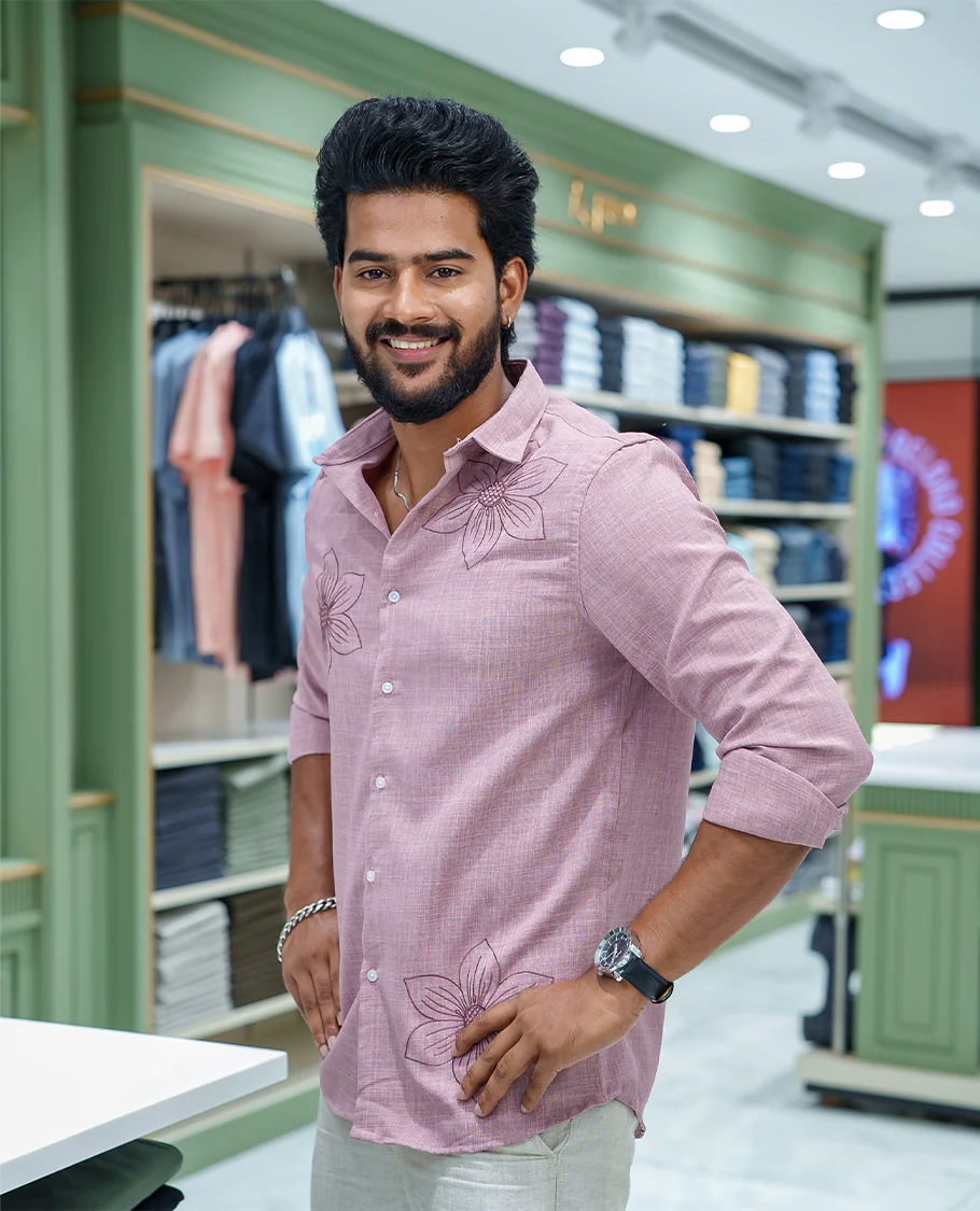 Pink Linen Blended Casual Shirt, Subtly Sparkled with Heathered Base and Floral Thread Embroidery, Featuring a Spread Collar, Full-Sleeves, Slim Fit, and Regular Length - Image 4