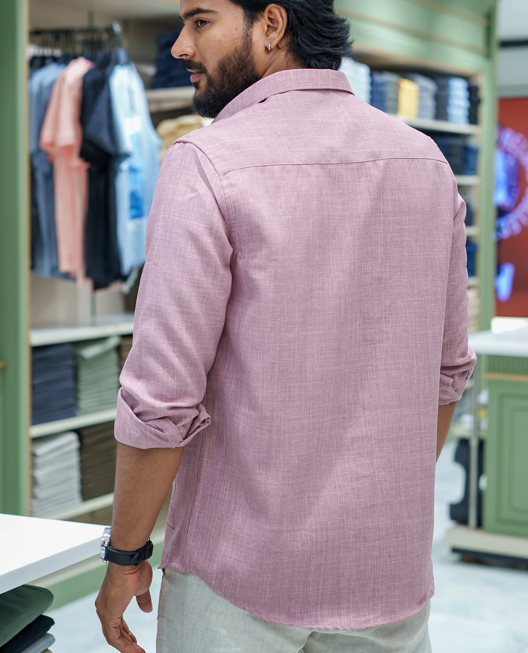 Pink Linen Blended Casual Shirt, Subtly Sparkled with Heathered Base and Floral Thread Embroidery, Featuring a Spread Collar, Full-Sleeves, Slim Fit, and Regular Length - Image 5