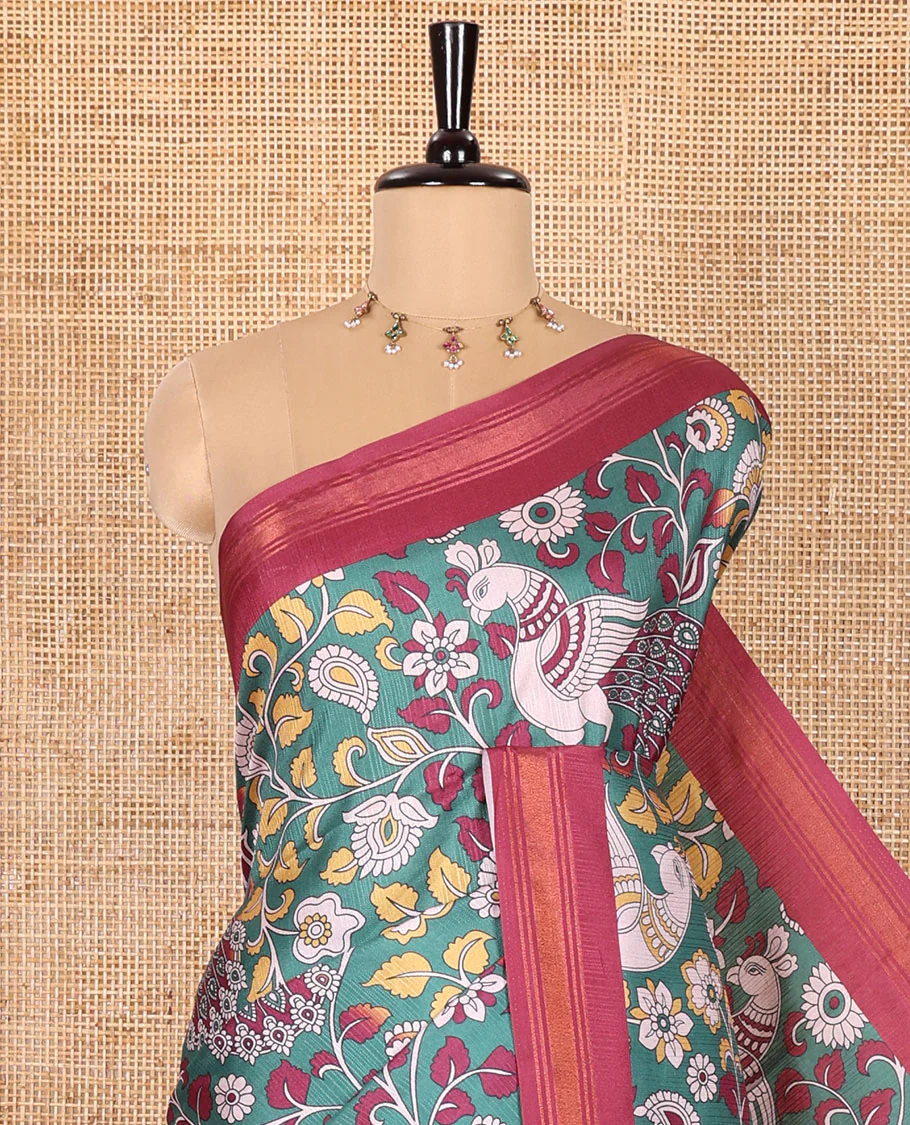 Dark Green Manipuri Silk Saree, Accentuated with Kalamkari-Style Floral Vine and Peacock Motifs Printed All Over Its Body, Complemented by a Contrast Zari Border, Pallu of Chevron Stripes, and Paired with a Contrast Blouse - Image 2