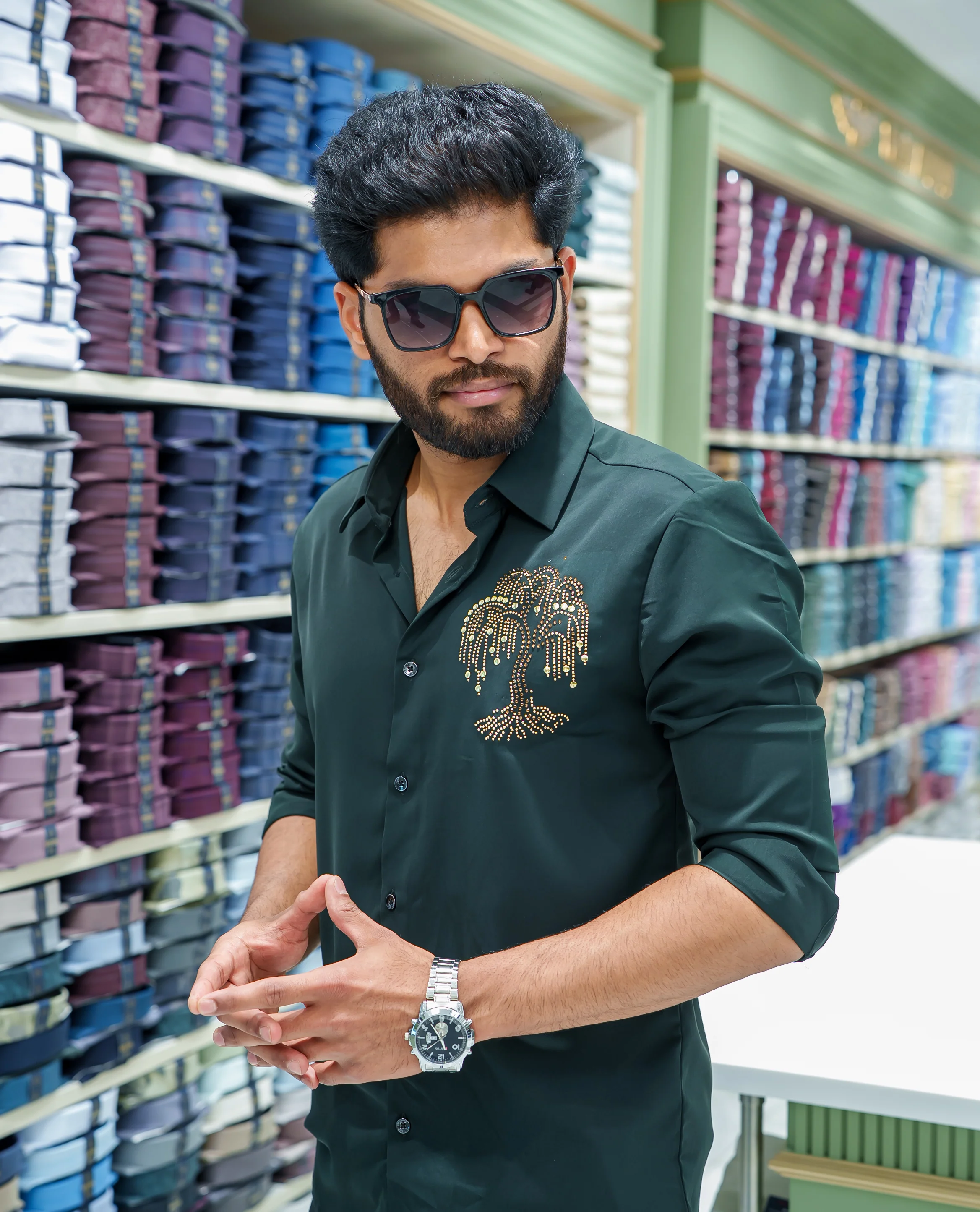 Dark Green Poly Blended Party Wear Shirt, Decorated with Tree-Motif Embroidery, Featuring a Spread Collar, Full Sleeves, Slim Fit, and Regular Length - Image 3