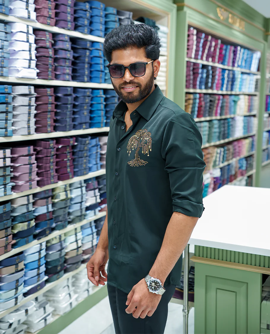 Dark Green Poly Blended Party Wear Shirt, Decorated with Tree-Motif Embroidery, Featuring a Spread Collar, Full Sleeves, Slim Fit, and Regular Length - Image 4