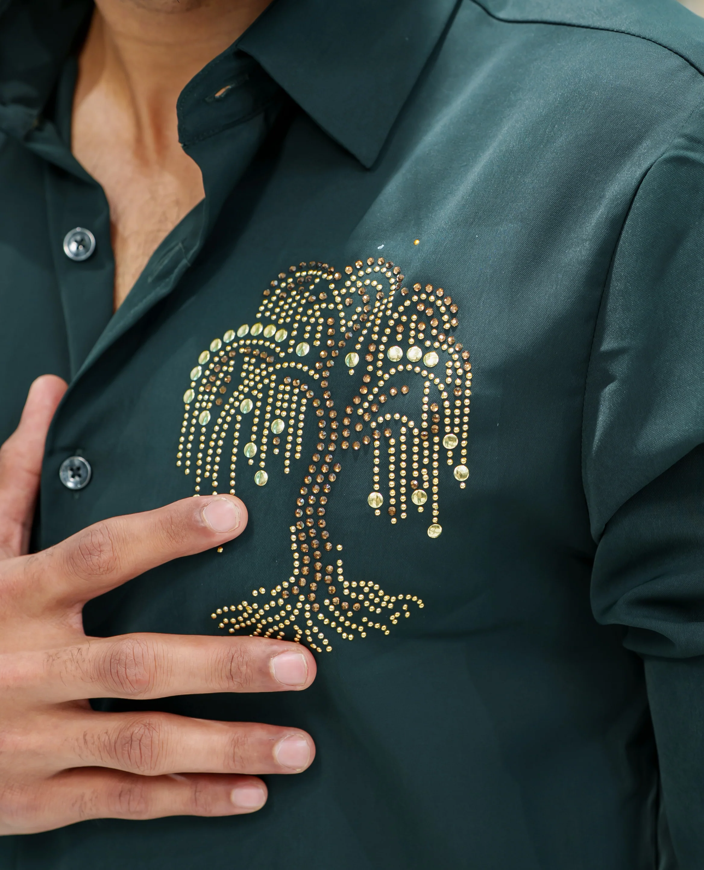 Dark Green Poly Blended Party Wear Shirt, Decorated with Tree-Motif Embroidery, Featuring a Spread Collar, Full Sleeves, Slim Fit, and Regular Length - Image 6