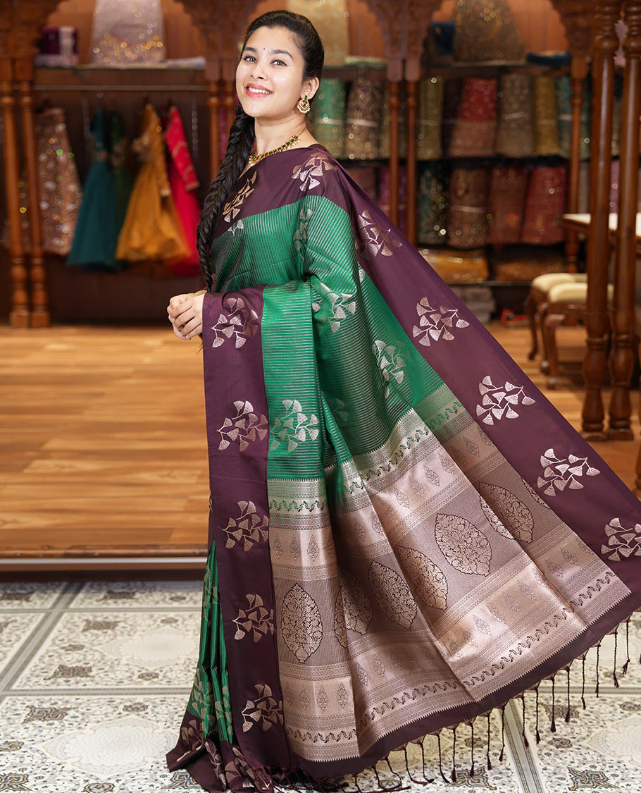 Dark Green Semi-Soft Silk Saree, Highlighted by Vaira Oosai Stripes and Floral Buttas All Over Its Body, Complemented by a Contrast Floral Buttas Border, an Intricately Designed Pallu, and Paired with a  Contrast Blouse - Image 2