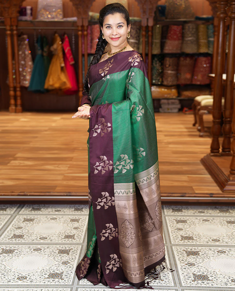 Dark Green Semi-Soft Silk Saree, Highlighted by Vaira Oosai Stripes and Floral Buttas All Over Its Body, Complemented by a Contrast Floral Buttas Border, an Intricately Designed Pallu, and Paired with a  Contrast Blouse - Image 3