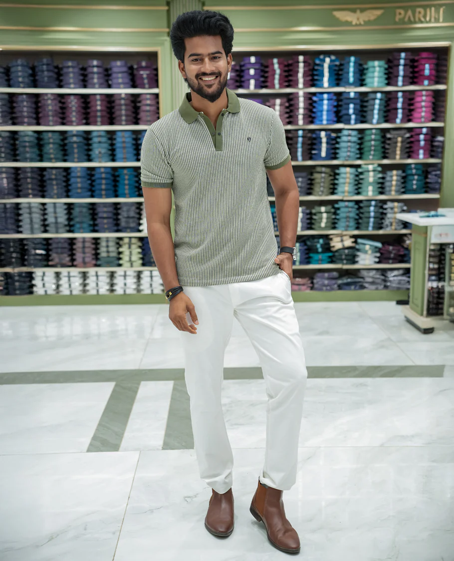 Dark Green Striped Cotton-Blended T-Shirt Comes with Half-Sleeves, a Polo Collar, a Slim Fit, and Regular Length - Image 2
