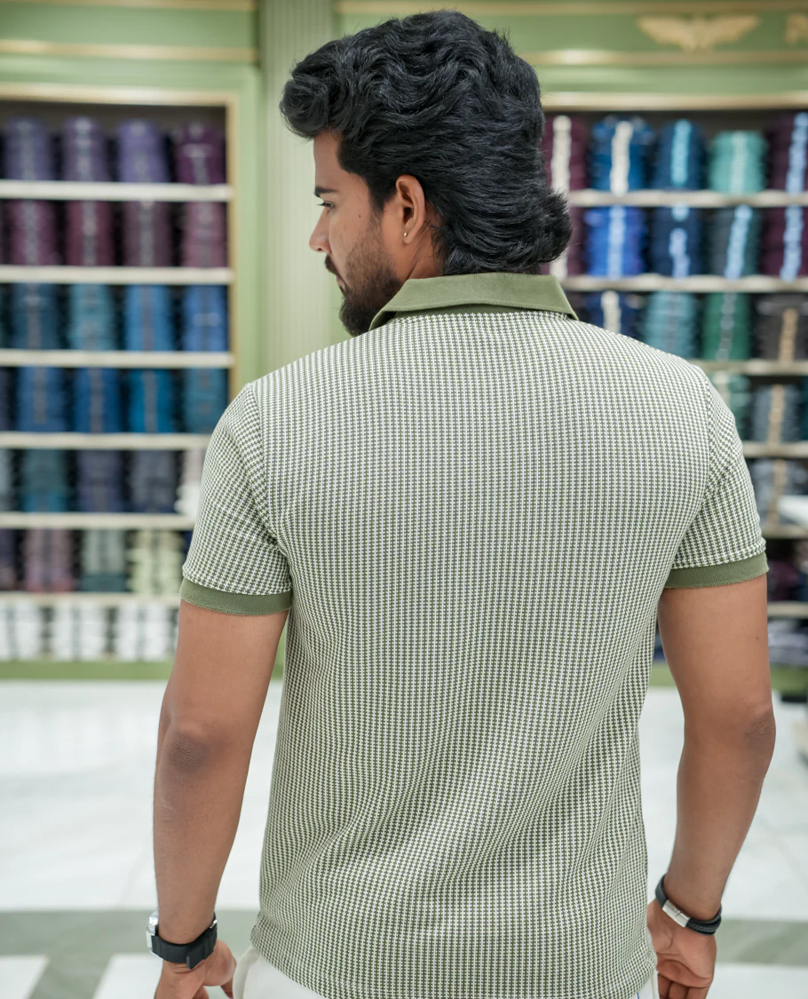 Dark Green Striped Cotton-Blended T-Shirt Comes with Half-Sleeves, a Polo Collar, a Slim Fit, and Regular Length - Image 5