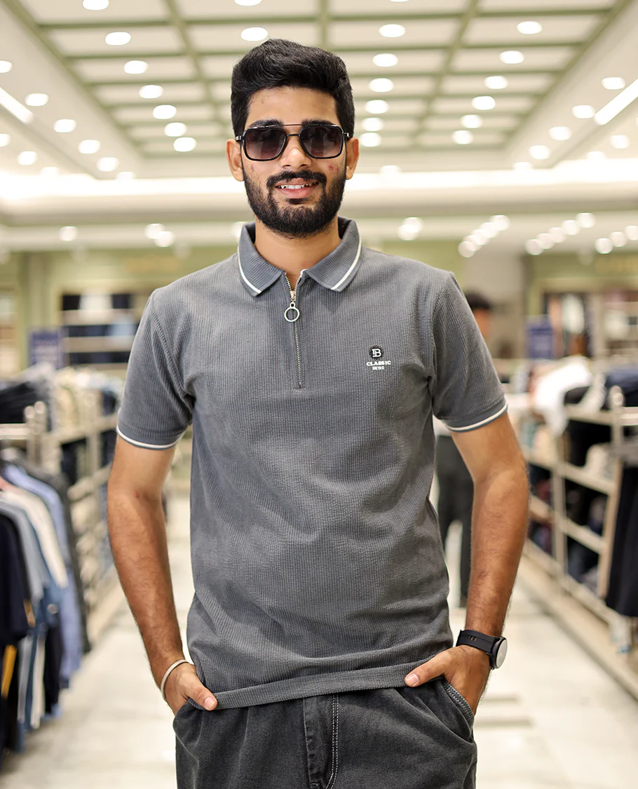 Dark Grey Corduroy T-Shirt Comes with a Polo Neck, Half-Sleeves, a Slim Fit, and Regular Length