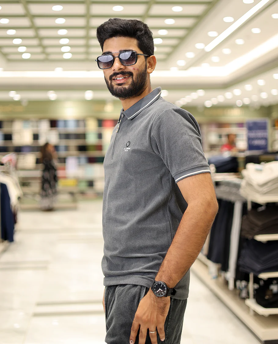 Dark Grey Corduroy T-Shirt Comes with a Polo Neck, Half-Sleeves, a Slim Fit, and Regular Length - Image 2