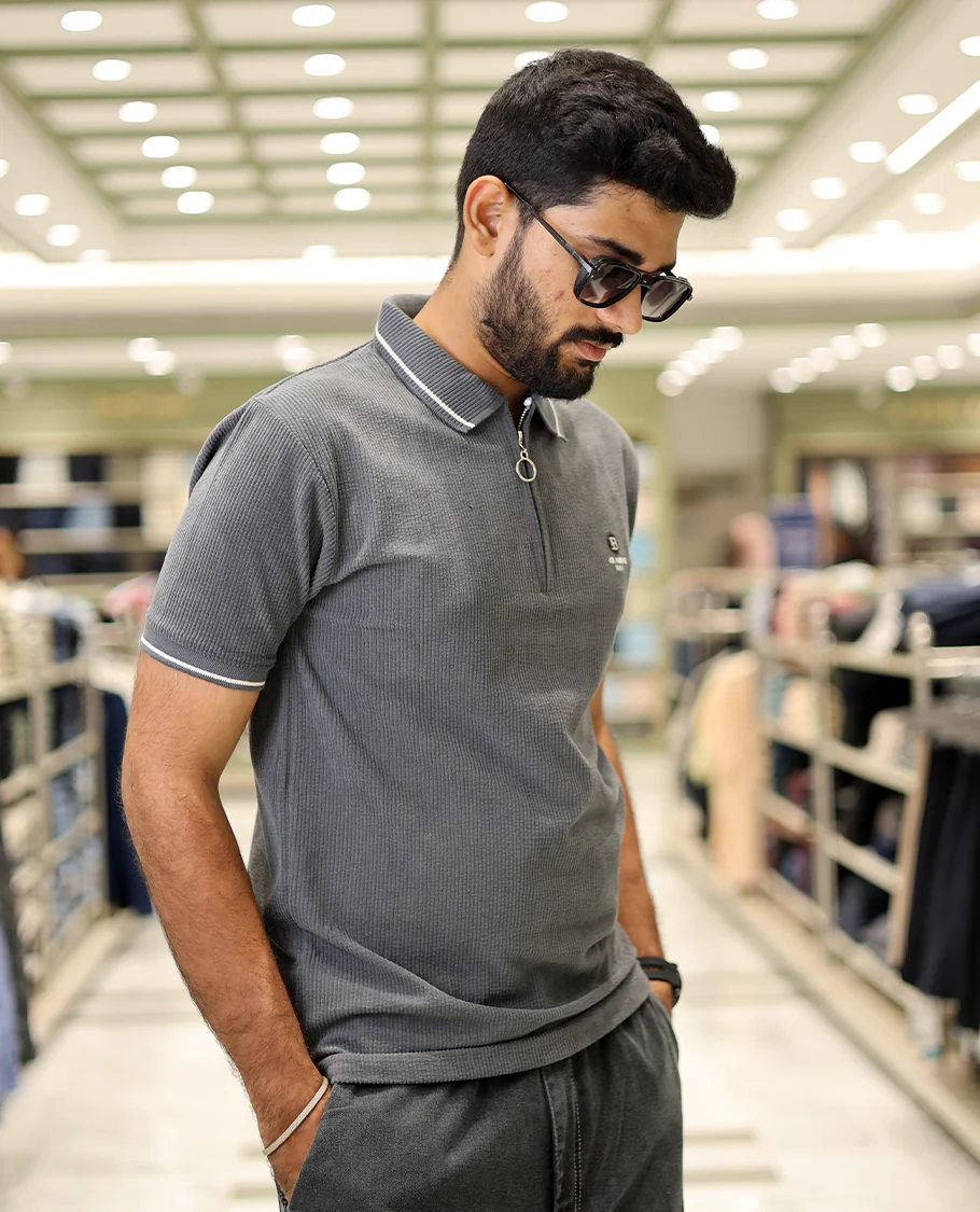 Dark Grey Corduroy T-Shirt Comes with a Polo Neck, Half-Sleeves, a Slim Fit, and Regular Length - Image 3