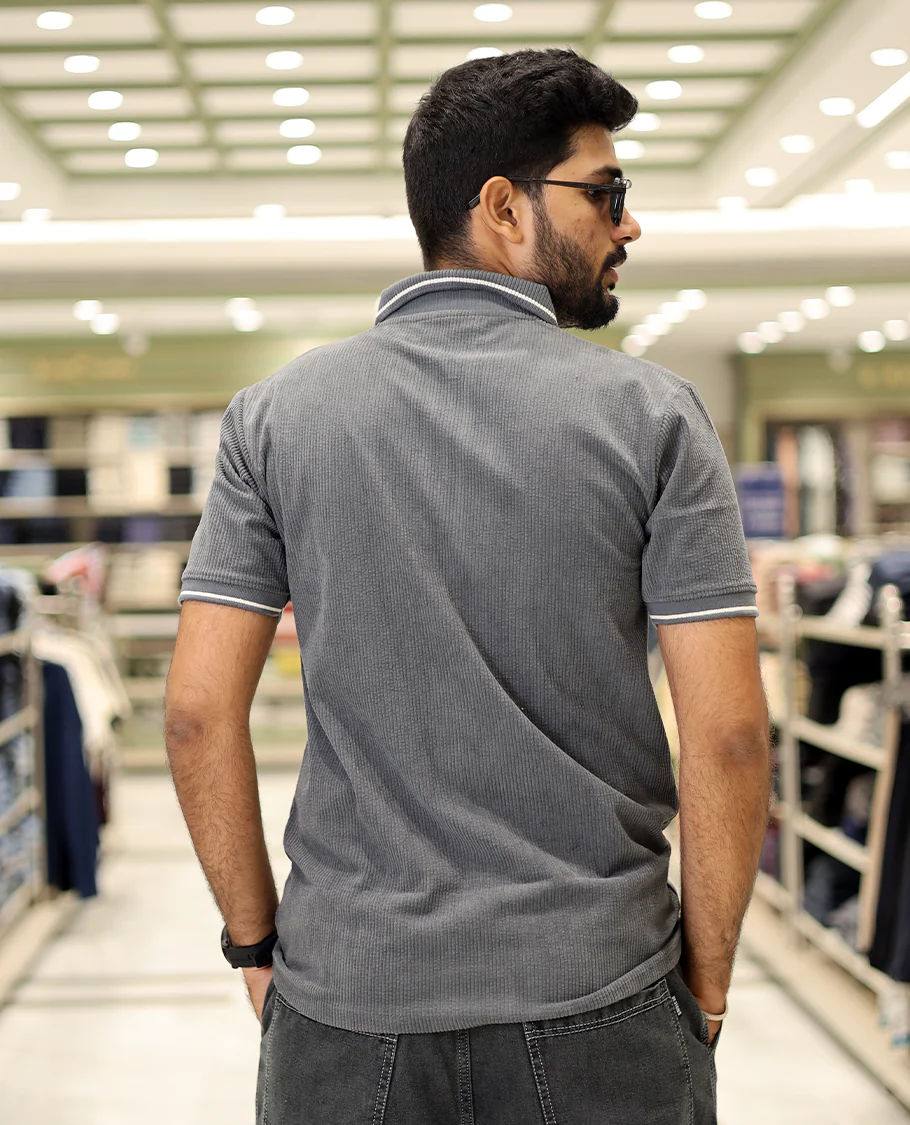 Dark Grey Corduroy T-Shirt Comes with a Polo Neck, Half-Sleeves, a Slim Fit, and Regular Length - Image 4