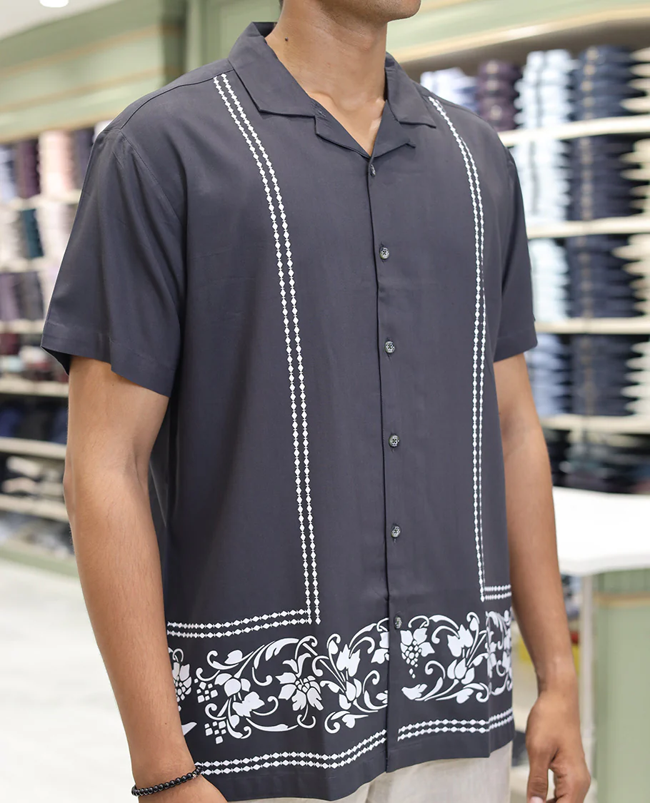 Dark Grey Cotton-Blended Casual Shirt, Subtly Designed with Floral-Theme Prints, Comes with a Cuban Collar, Half-Sleeves, Regular Fit, and Regular Length - Image 2