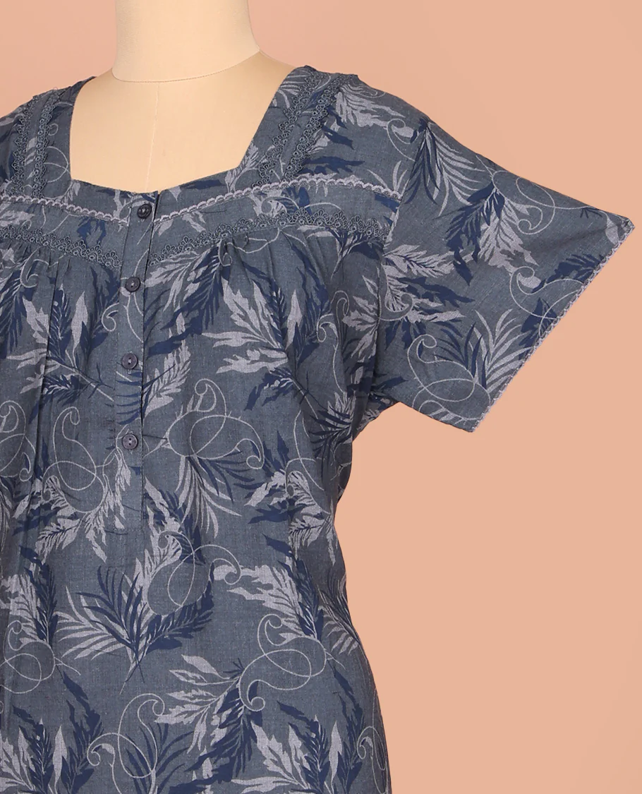Dark Grey Cotton Nighty Decorated with Floral Print, Featuring Lace Work, Square Front Neck, and Half Sleeves