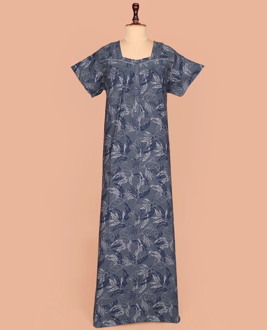 Dark Grey Cotton Nighty Decorated with Floral Print, Featuring Lace Work, Square Front Neck, and Half Sleeves - Image 2