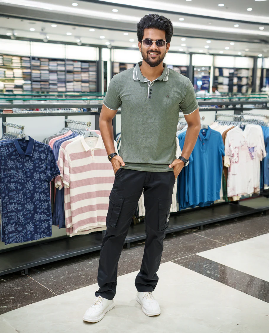 Dark Grey Geometric-Textured Cotton-Blended T-Shirt Comes with Half-Sleeves, Polo Collar, a Slim Fit, and Regular Length - Image 2