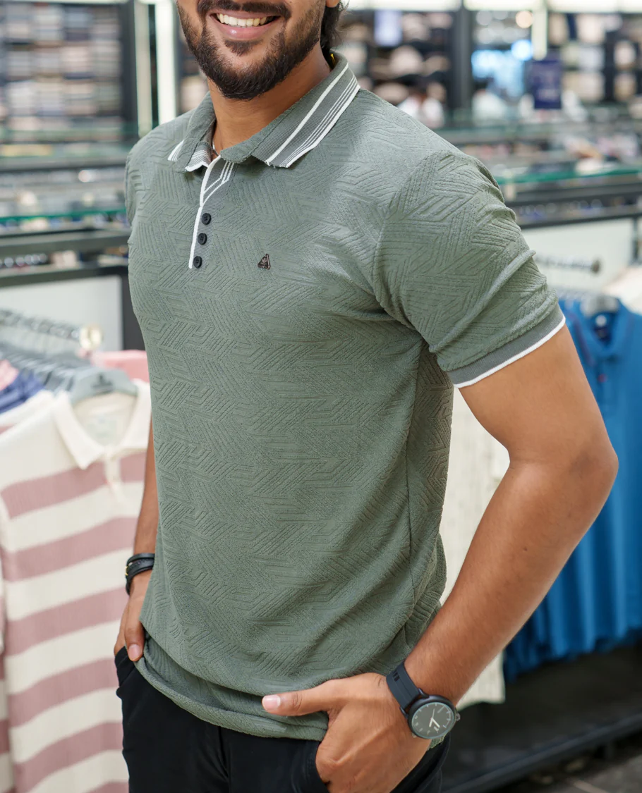 Dark Grey Geometric-Textured Cotton-Blended T-Shirt Comes with Half-Sleeves, Polo Collar, a Slim Fit, and Regular Length - Image 3