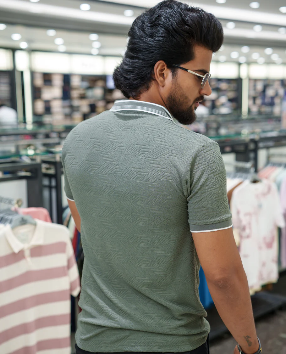 Dark Grey Geometric-Textured Cotton-Blended T-Shirt Comes with Half-Sleeves, Polo Collar, a Slim Fit, and Regular Length - Image 5
