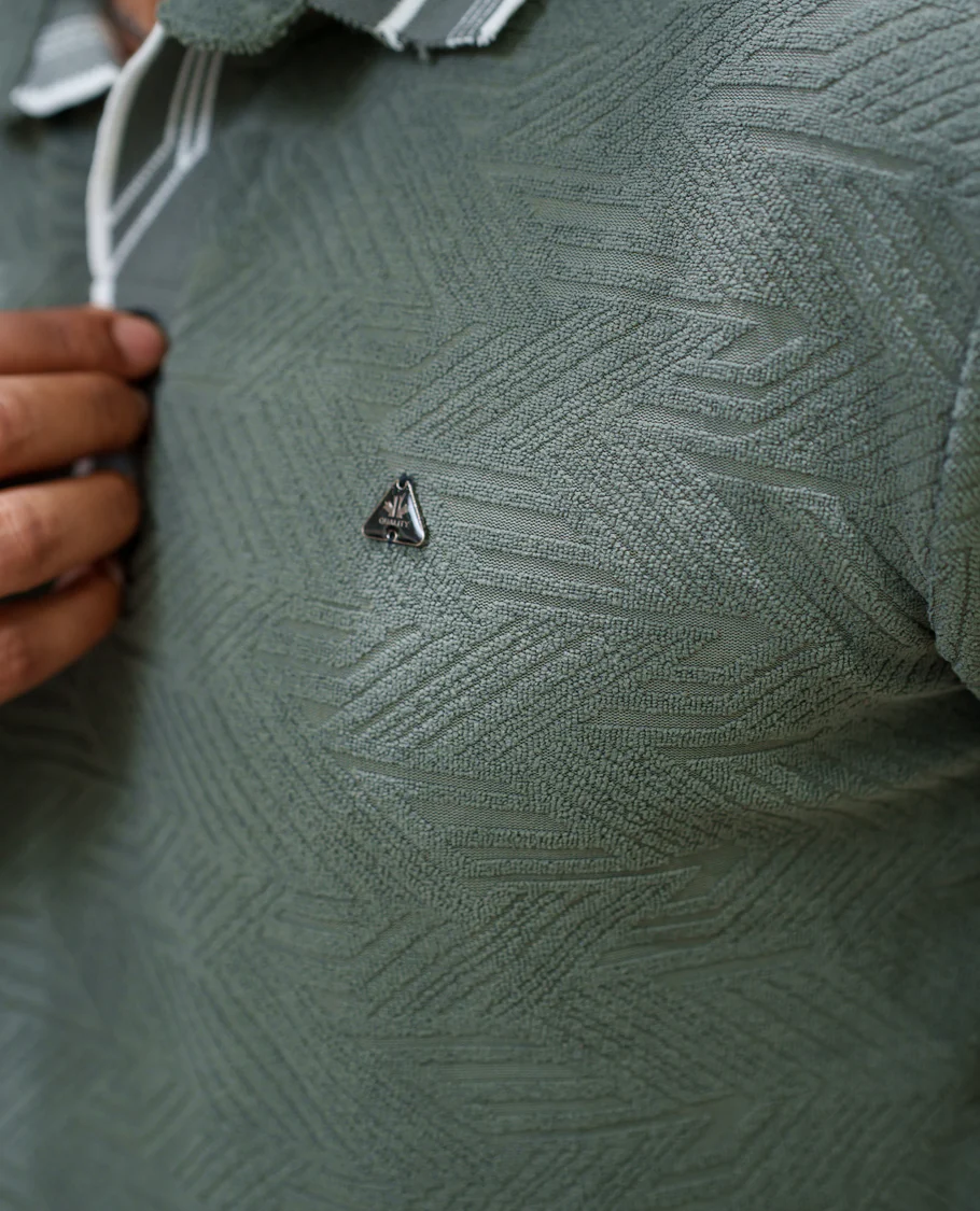 Dark Grey Geometric-Textured Cotton-Blended T-Shirt Comes with Half-Sleeves, Polo Collar, a Slim Fit, and Regular Length - Image 6