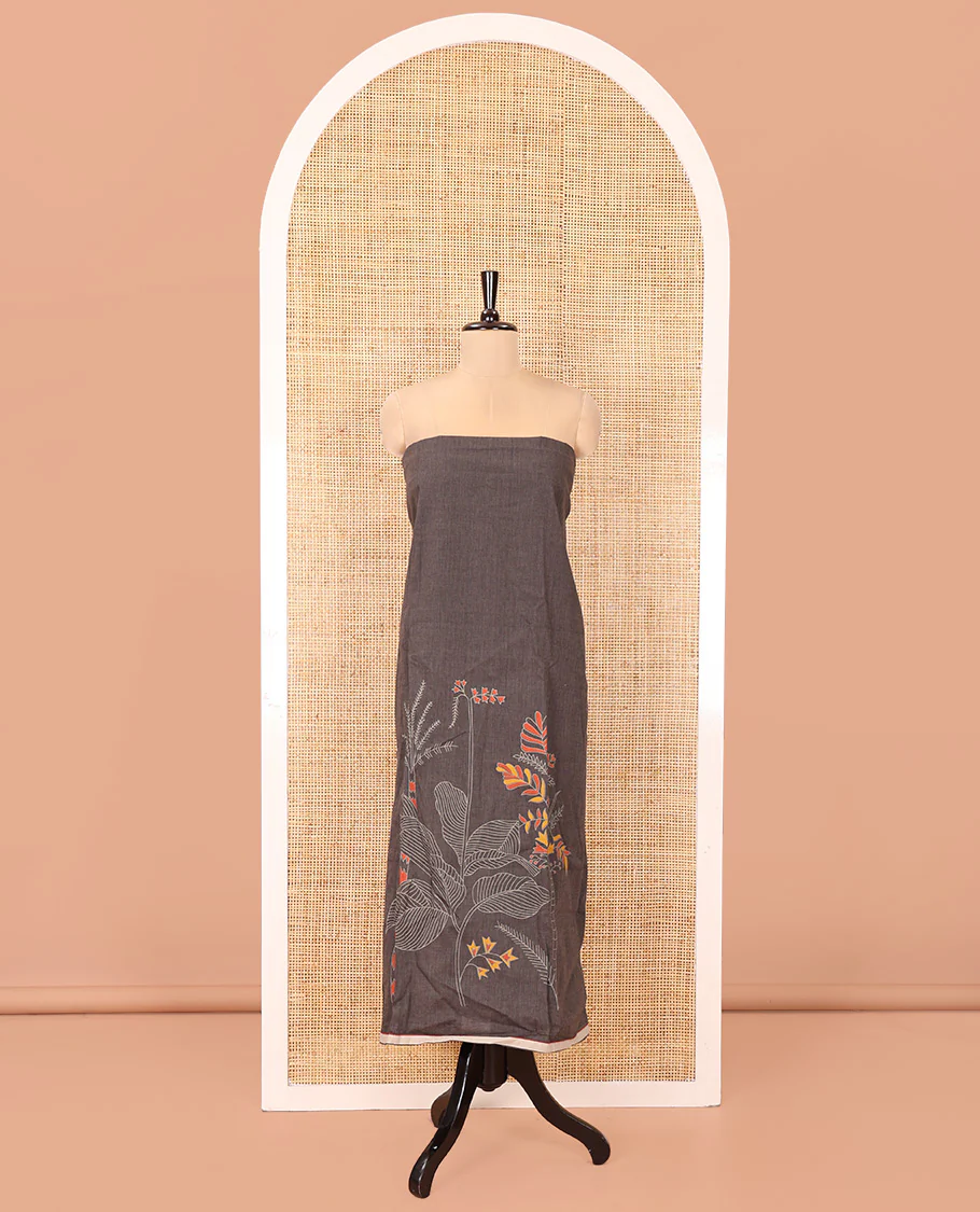 Dark Grey Handloom Cotton Material Chudidar Set, Accentuated with Floral Design Print On Its Top, Complemented by Contrast Bottom, and Paired with a Contrast Floral Printed Dupatta - Image 4