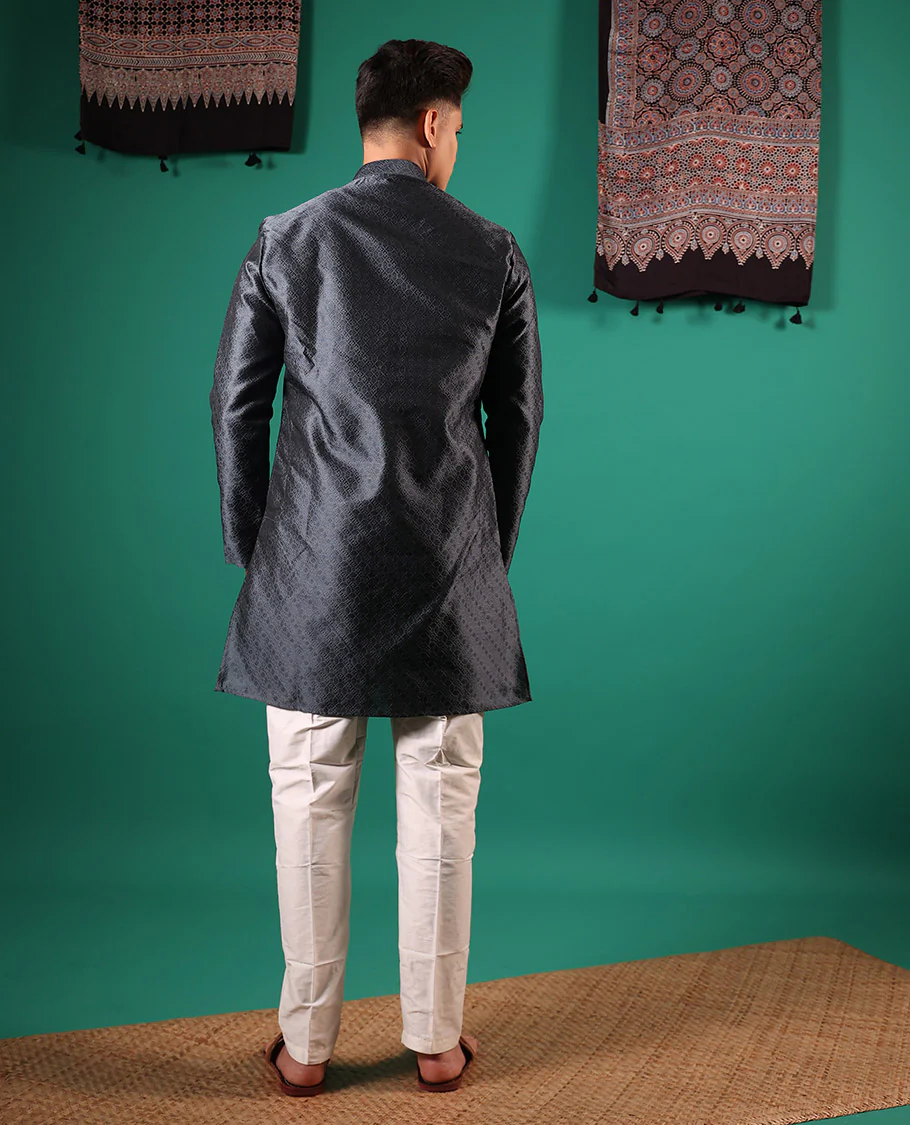 Dark grey texture embossed full-sleeved men's kurta - Image 5