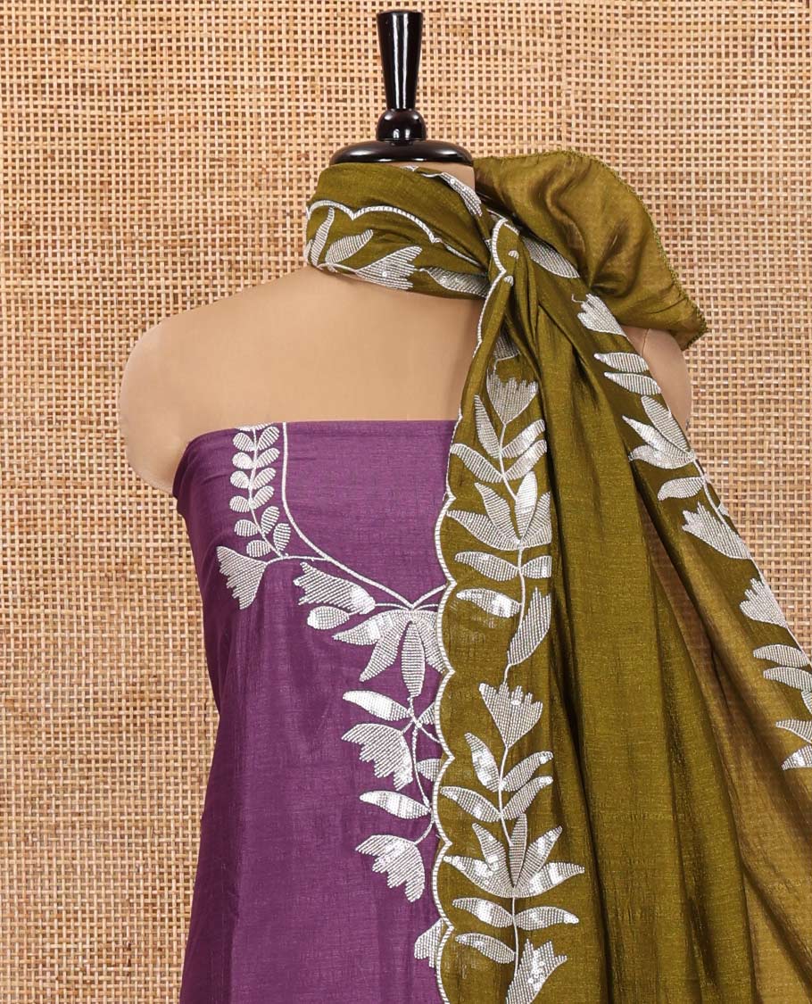 Dark Lavender Material Churidar Set, Detailed with Floral Motifs Sequins-Thread Embroidered on Its Vichitra Silk Top, Comes with a Contrast Santoon Bottom, and Paired with a Vichitra Silk Floral Embroidered Scallop Dupatta - Image 3