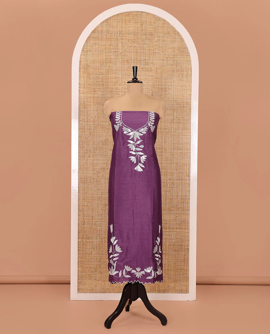 Dark Lavender Material Churidar Set, Detailed with Floral Motifs Sequins-Thread Embroidered on Its Vichitra Silk Top, Comes with a Contrast Santoon Bottom, and Paired with a Vichitra Silk Floral Embroidered Scallop Dupatta - Image 4