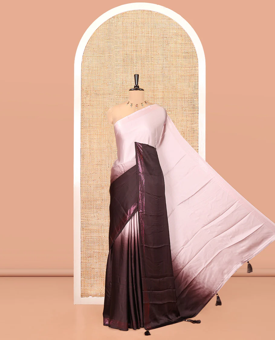 Dark Maroon Ombre Plain Satin Crepe Saree, Subtle Zari Border, Plain Pallu, and Comes without a Blouse