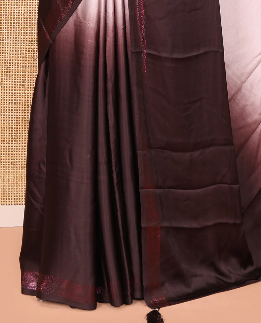 Dark Maroon Ombre Plain Satin Crepe Saree, Subtle Zari Border, Plain Pallu, and Comes without a Blouse - Image 3