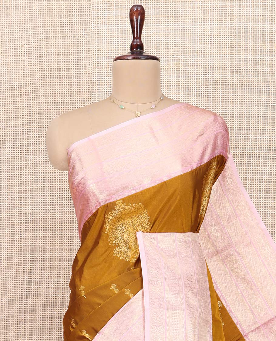 Dark Mustard Budget Silk Saree, Mesmerized with Zari Buttas All Over Its Body, Complemented by a Contrast Traditional Zari Design Border, Grand Pallu of Ogee Patterns, and Paired with a Contrast Blouse - Image 2